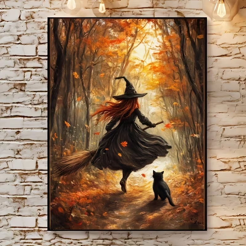 Retro Alloween Autumn Witch On - Resin Art On Canvas 评论和价格