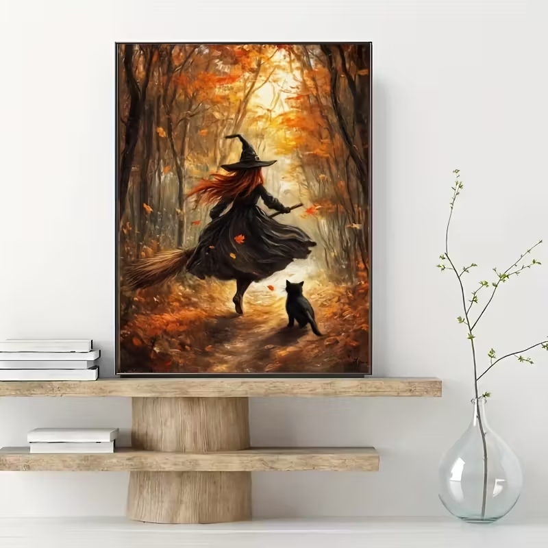 Retro Alloween Autumn Witch On - Resin Art On Canvas 评论和价格